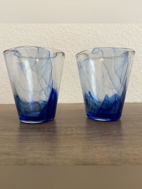 2 Bormioli Rocco Art Glass Cobalt Blue Swirl Clear Glasses